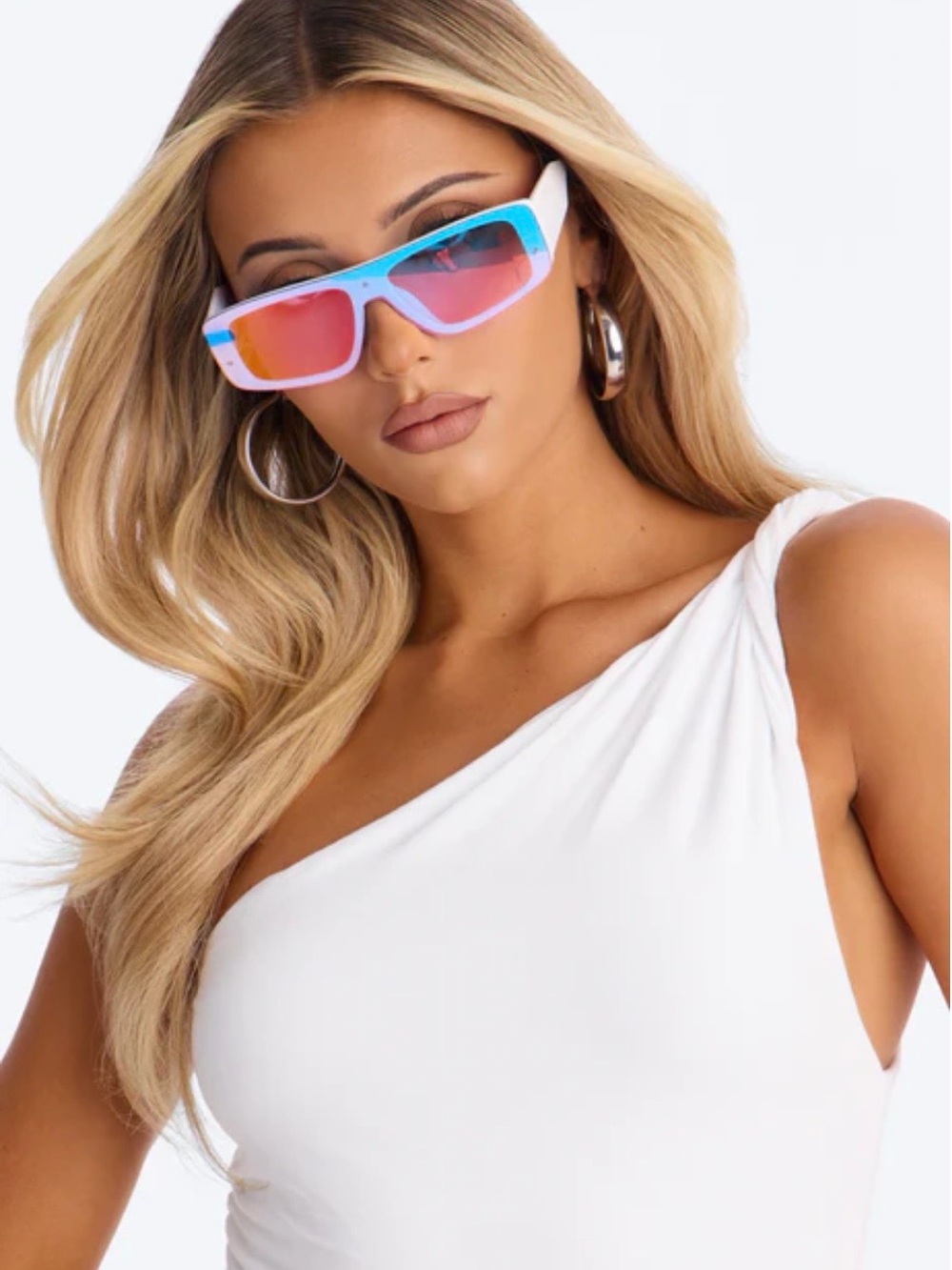 Colorblock Blue-Pink Mirrored Lens Women's Sunglasses